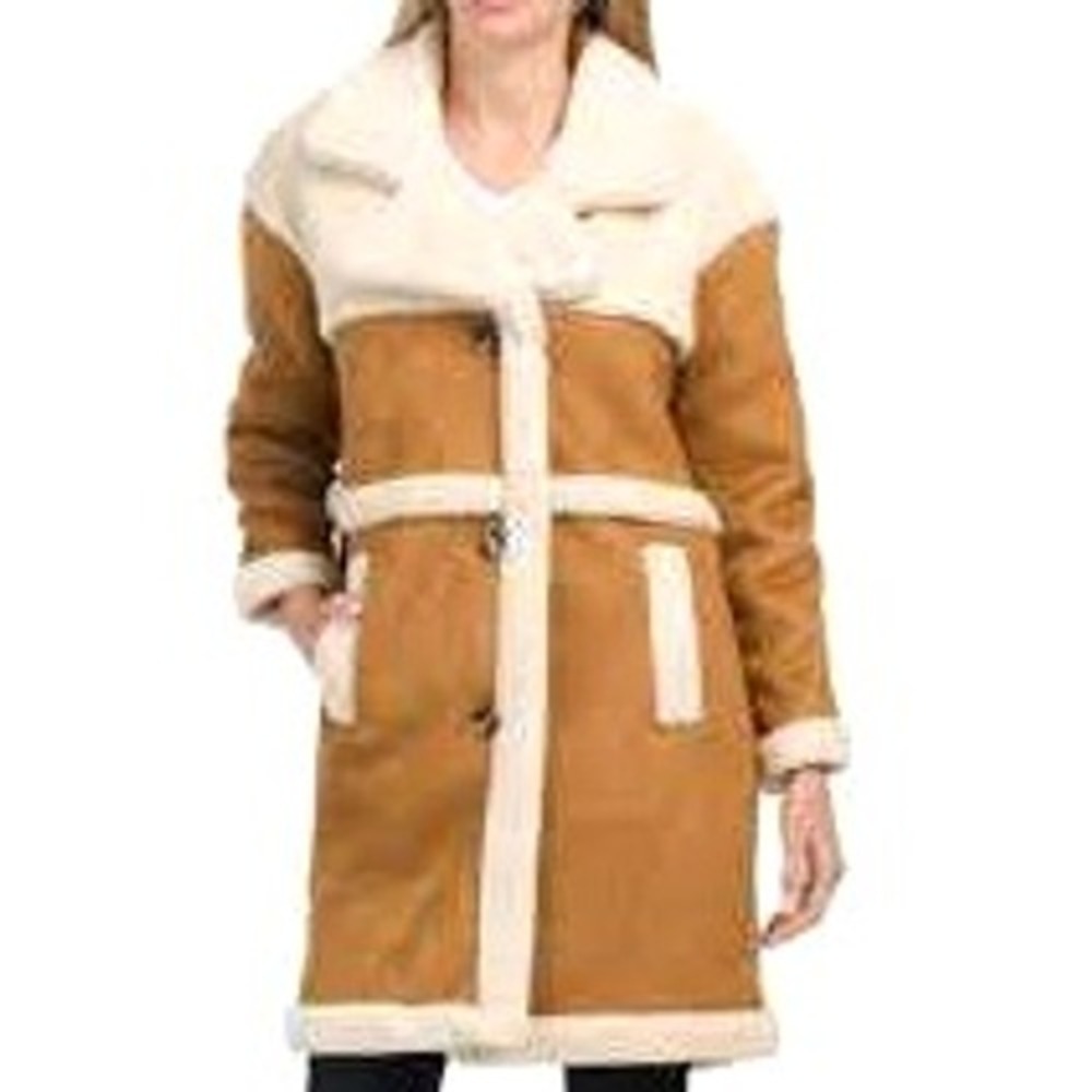 BLANK‎ NYC NWT $198 Women's Medium Tan Cream Faux Suede Sherpa Trim Coat Jacket